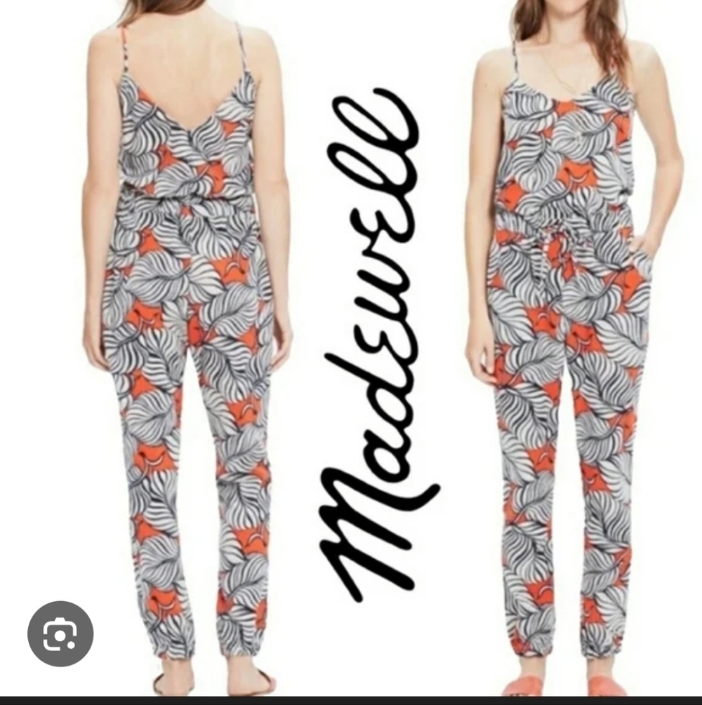 Madewell Women's Bondi Palm Leaf Print Jogger Jumpsuit Red/Navy Size Small